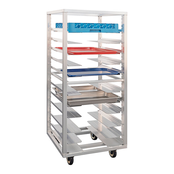 An aluminum New Age sheet pan rack holding trays on wheels.