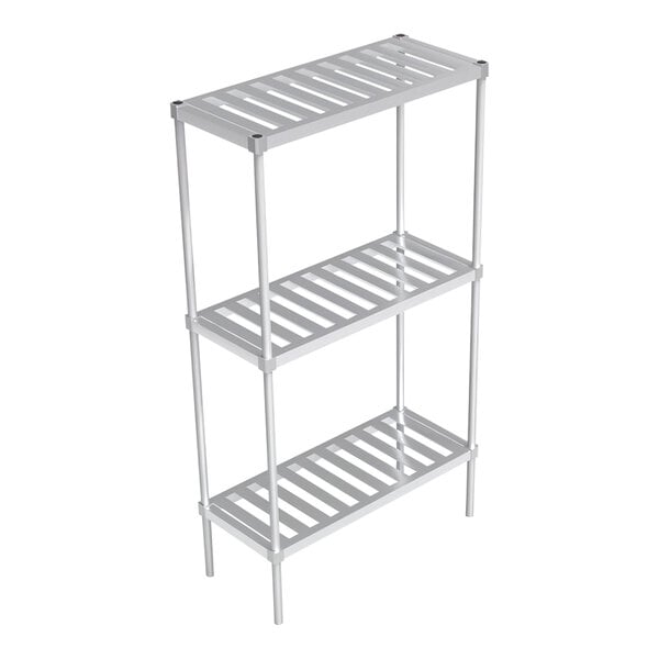 A white metal New Age keg rack with three shelves.