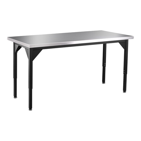 A rectangular stainless steel work table with black legs.
