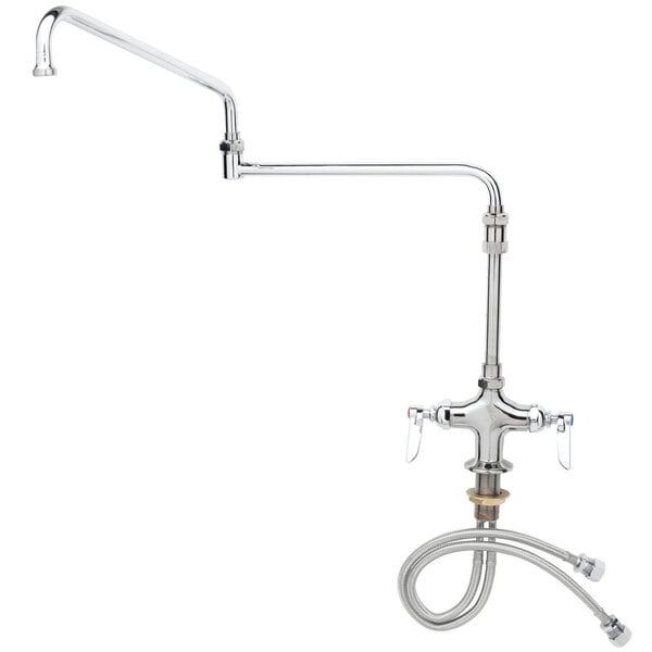 A chrome deck-mounted T&S pantry faucet with a double jointed swing nozzle and flex inlets.