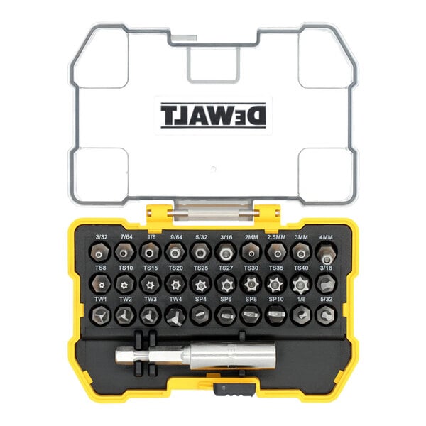 A 31-piece DeWalt security bit set with a magnetic drive guide and a yellow and black storage case.