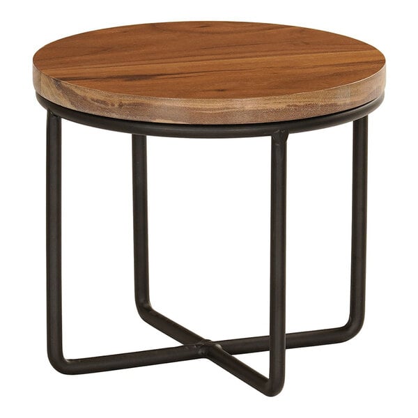 A Cal-Mil Sydney walnut wood round tray on a round wood table.