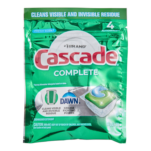 A package of Cascade Complete ActionPacs automatic dishwasher detergent pods in a fresh scent, containing 4 pods.