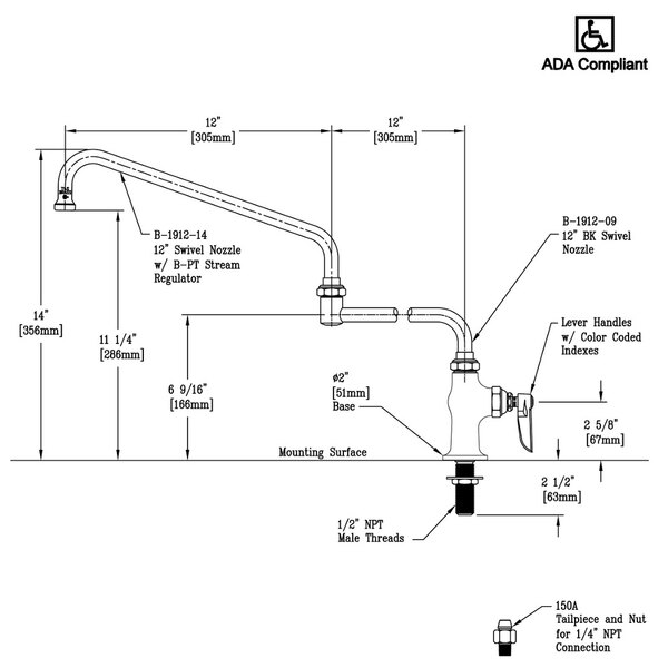 A diagram of a T&S deck mount faucet with single supply and measurements.