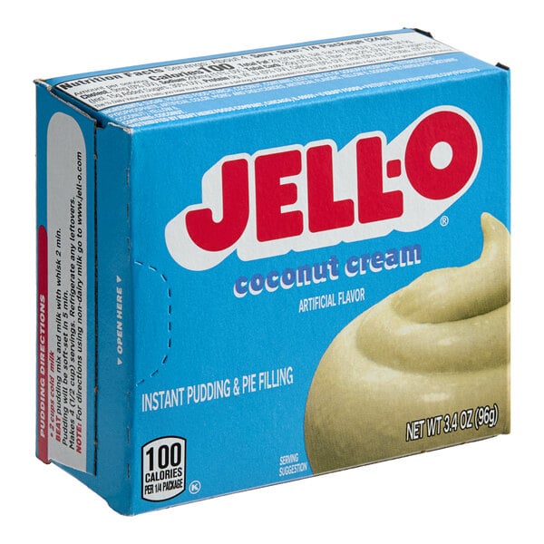 A blue box of JELL-O Instant Coconut Cream Pudding mix.