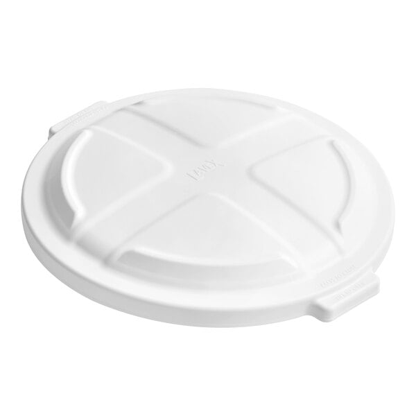 A white round commercial trash can lid designed for a 32-gallon container.