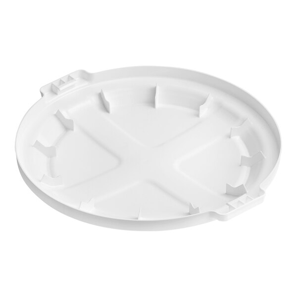A white round commercial trash can lid designed for a 32-gallon container.