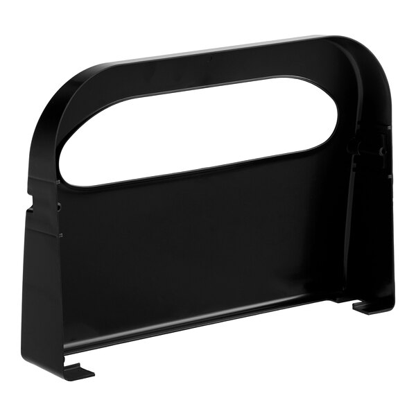 A black surface-mounted toilet seat cover dispenser.