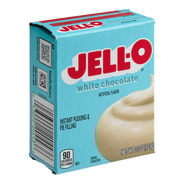 A close-up of a blue box of JELL-O White Chocolate Pudding mix.