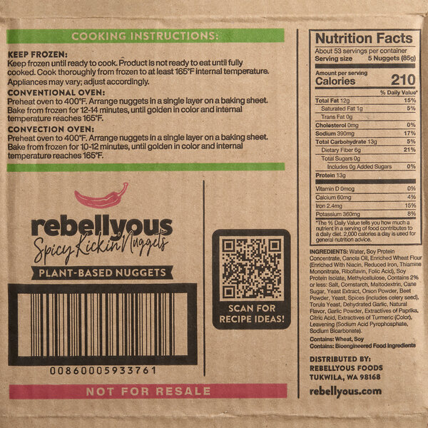 Rebellyous Vegan Plant-Based K-12 Eligible Spicy Kickin' Chicken Nuggets 5 lb. - 2/Case