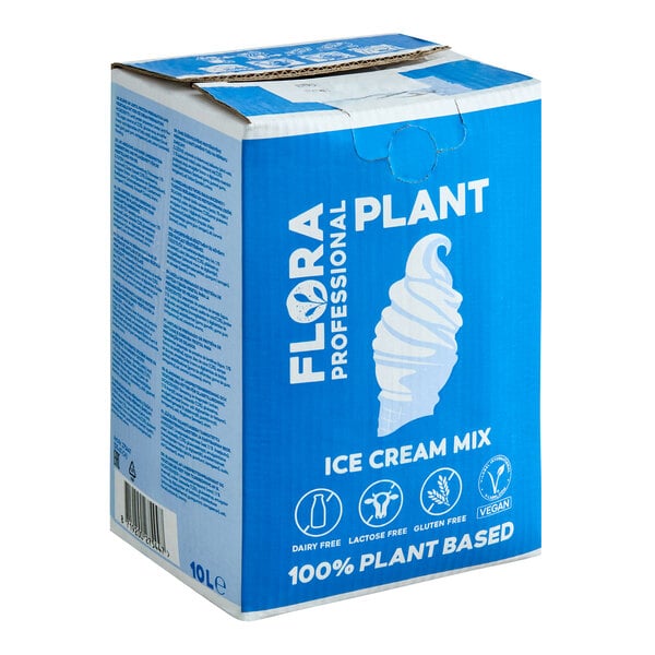A 10-liter box of Flora Professional Plant-Based Dairy-Free Vegan Soft Serve Ice Cream Mix.