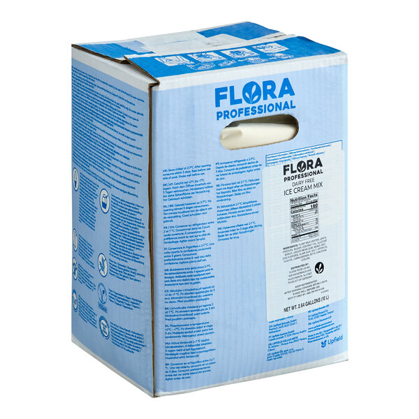 A box of Flora Professional Dairy-Free Vegan Soft Serve Ice Cream Mix in a 10 liter size.