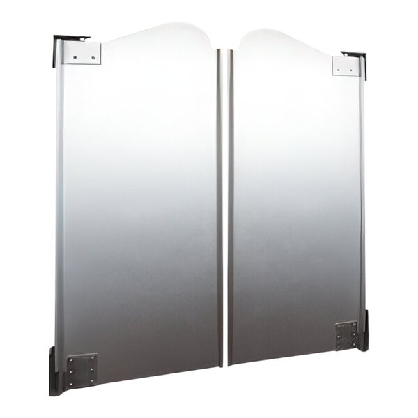 A double aluminum swinging traffic door with a brushed finish and rounded tops.