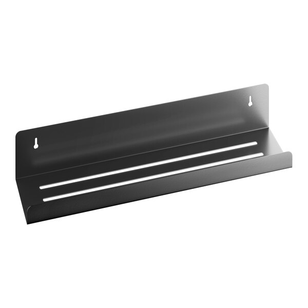 A matte black stainless steel shower shelf with wall-mounting holes and drainage slots.