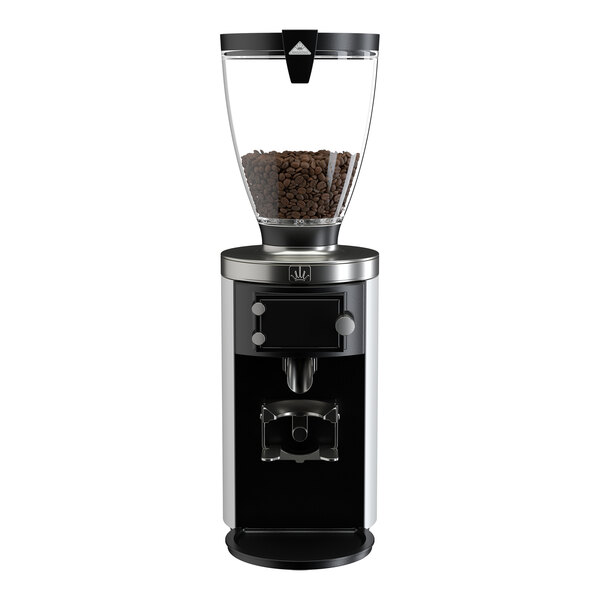 A white on-demand espresso grinder with a transparent hopper containing coffee beans.