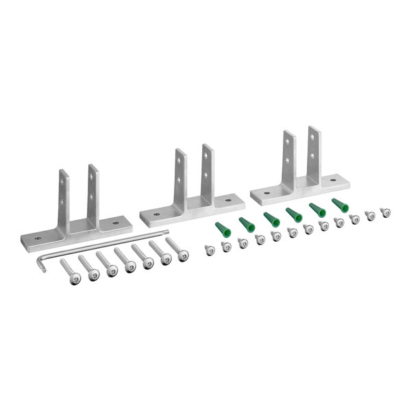 A metal urinal partition mounting hardware kit including brackets, screws, anchors, and an Allen wrench.