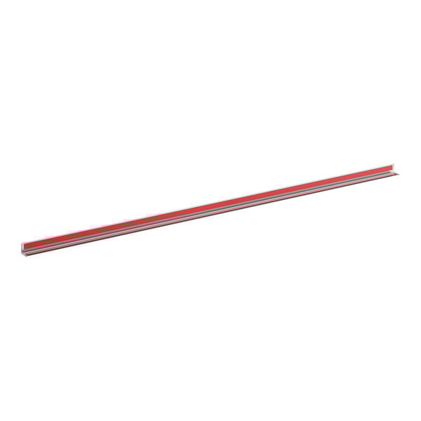 A 48-inch long, 1 1/2-inch wide stainless steel wall corner guard with a red accent strip.