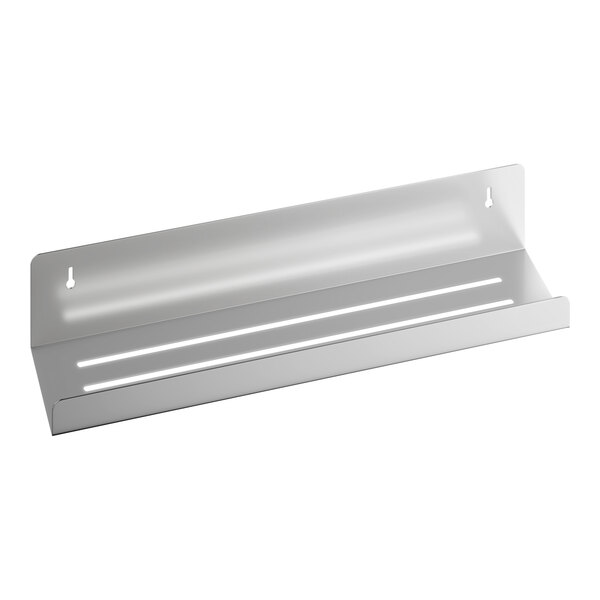 A stainless steel shower shelf with a satin finish and wall-mounting holes.