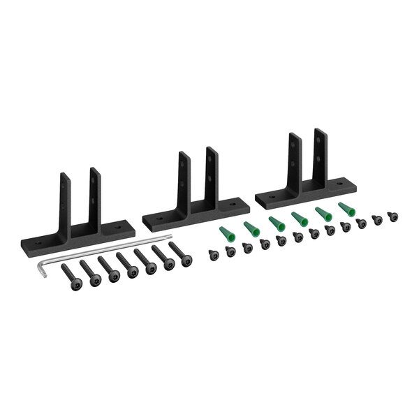 A set of black metal urinal partition brackets with mounting hardware and screws.
