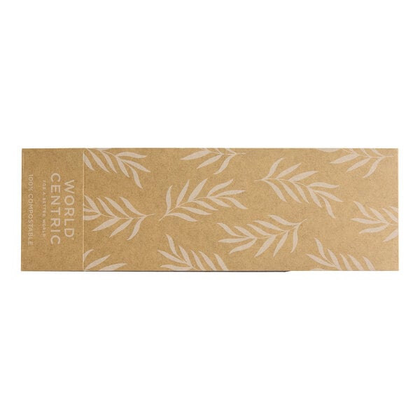 A rectangular brown paper sleeve with white leaves.