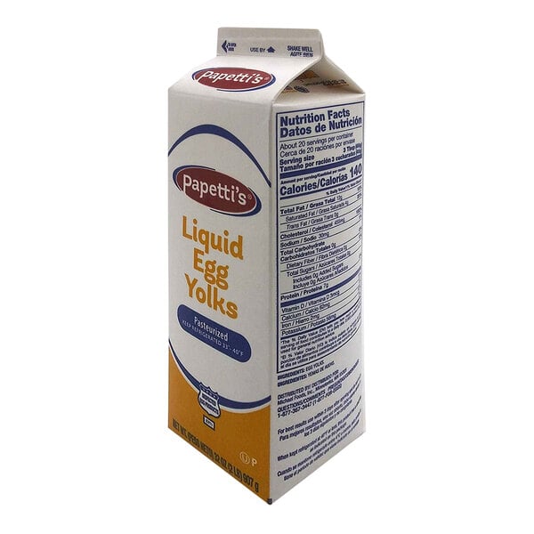 A white carton of Papetti's cage-free liquid egg yolk.