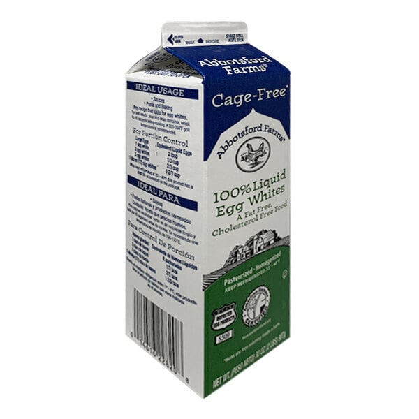 A carton of Abbotsford Farms cage-free liquid egg whites with text on it.