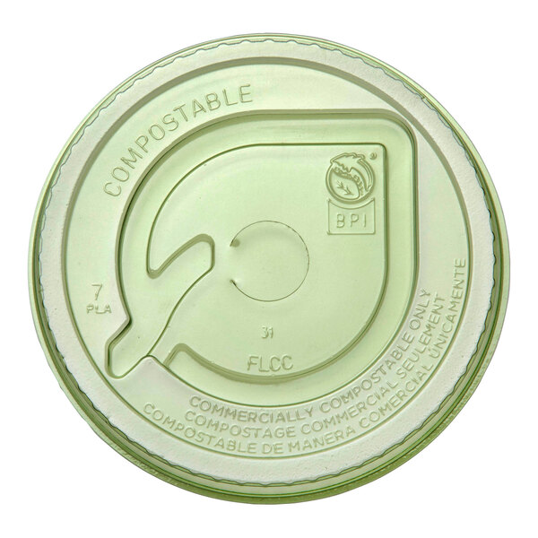 A compostable green PLA plastic flat lid with a straw hole designed for 9-24 oz. cold cups.