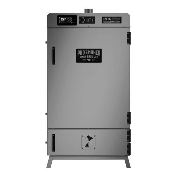 A large stainless steel rectangular Pro Smoker 300S with a metal door.