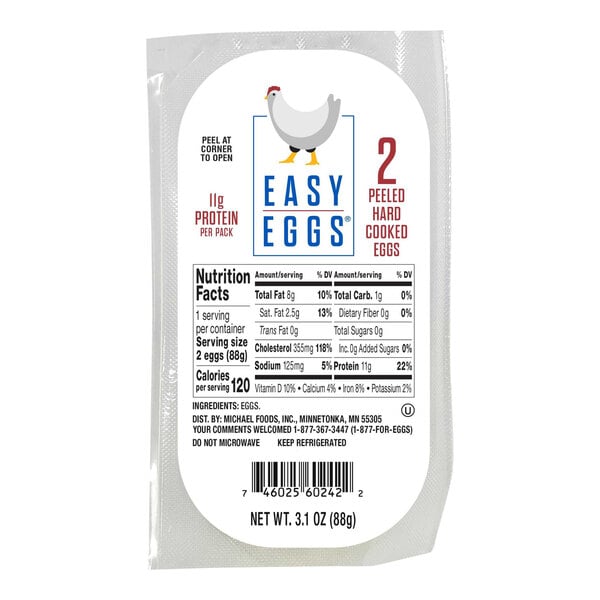 A package of Easy Eggs 2-Count Cage-Free Hard Cooked Eggs with a label.