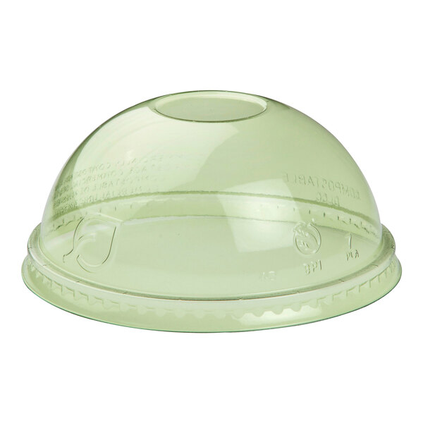 A green compostable plastic dome lid for cold cups with a central opening.