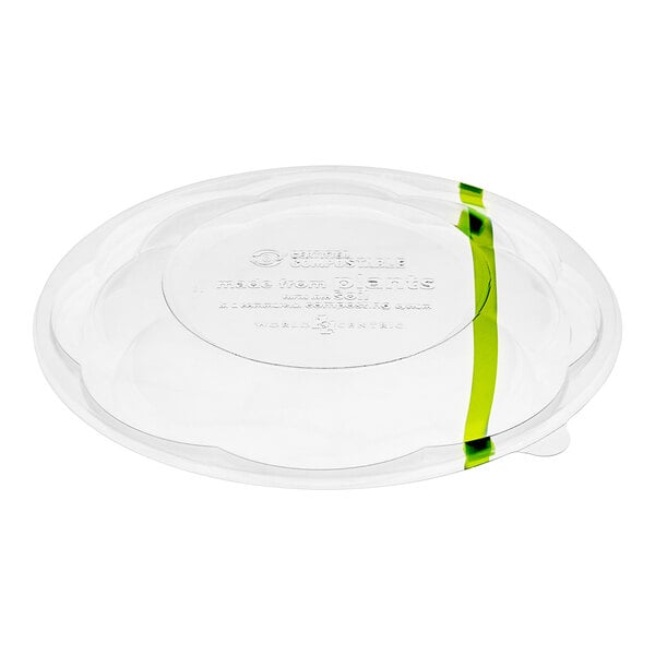 A clear plastic dome lid with a green stripe.