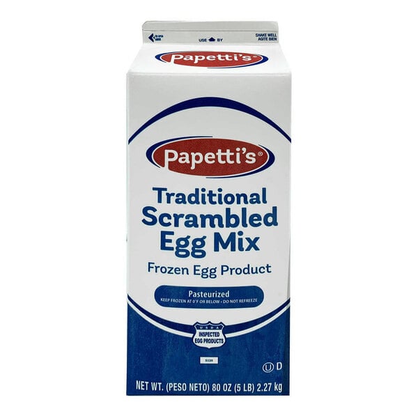 A white and blue Papetti's carton of liquid scrambled egg mix.