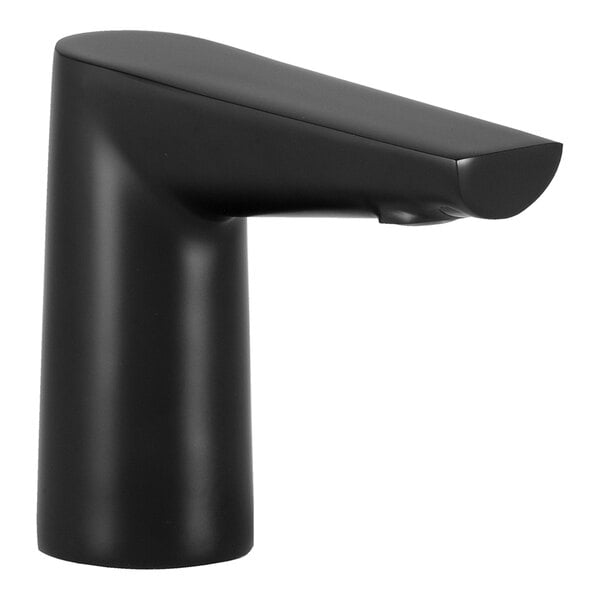 A Bobrick matte black deck-mount automatic faucet with a curved black handle.