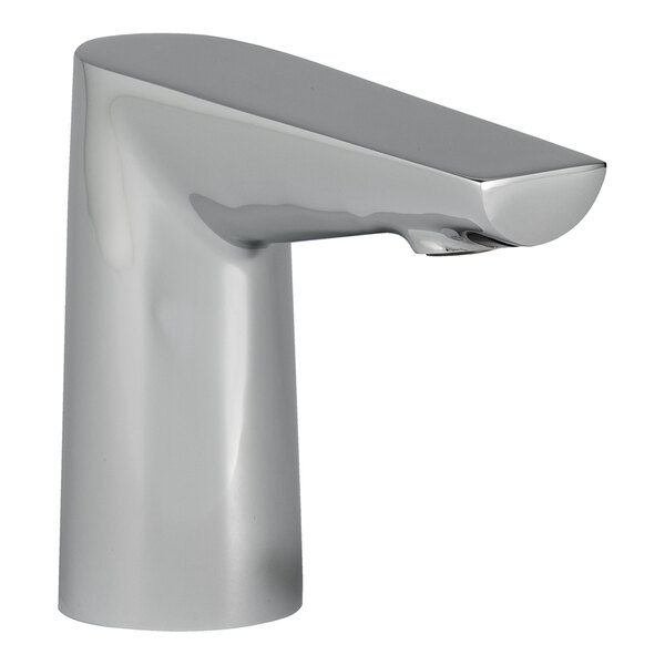 A Bobrick polished chrome automatic deck-mount faucet with a single handle.