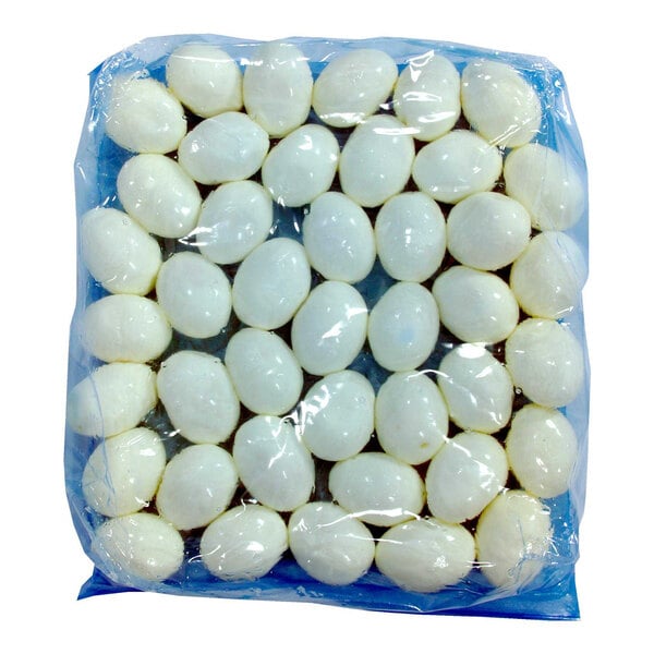 A plastic bag of white oval Papetti's Cage-Free hard cooked eggs.