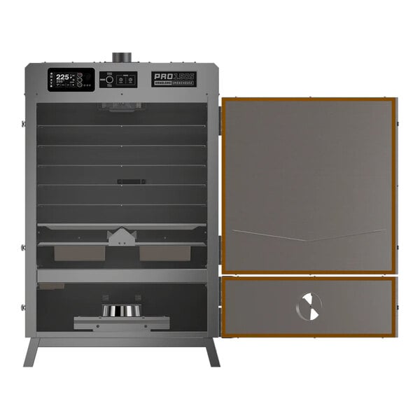 A grey rectangular stainless steel cabinet with a door open.