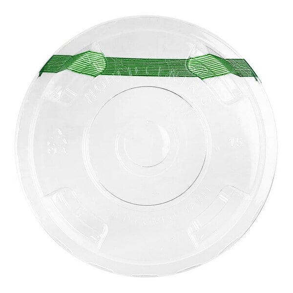 A clear plastic lid with green stripes and a straw slot.