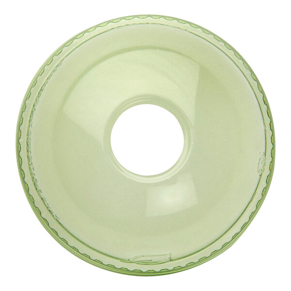 A green compostable plastic dome lid with a straw hole, designed for cold cups.