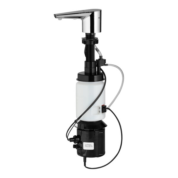 A silver Bobrick deck-mount automatic foam soap dispenser with a black and white pump.