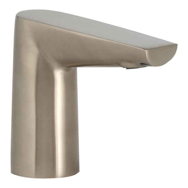 A Bobrick brushed nickel automatic faucet on a bathroom counter.