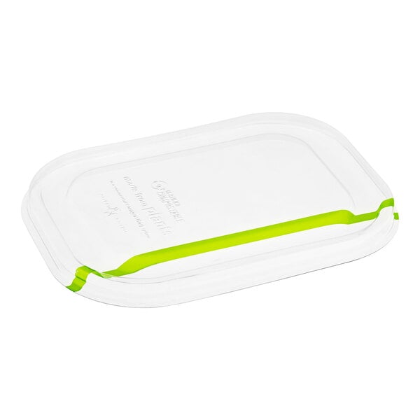A clear plastic World Centric lid with green stripes.