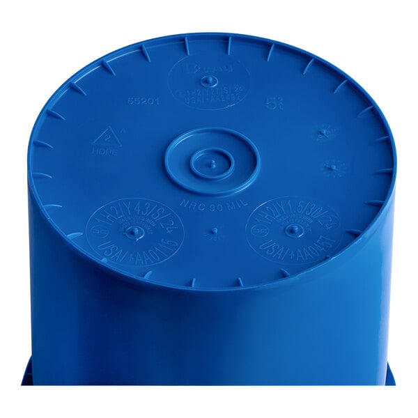 A blue plastic BWAY food storage container with a metal handle.