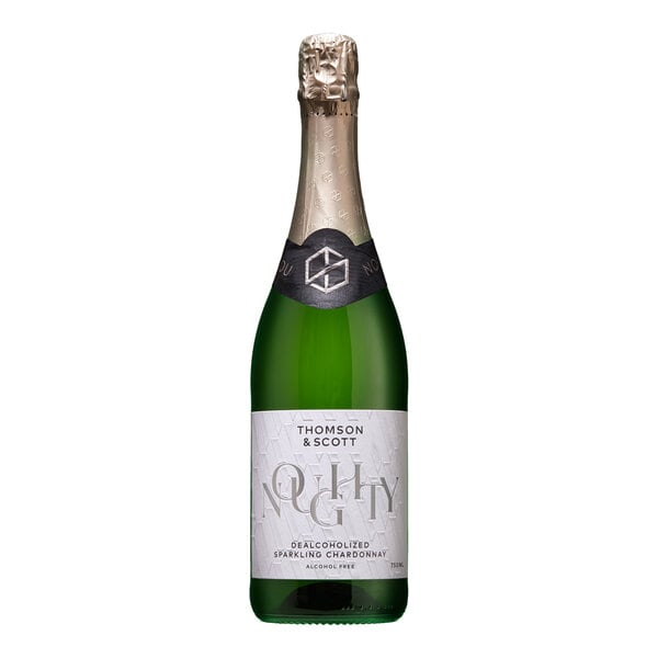 A close up of a bottle of Noughty Non-Alcoholic Sparkling Chardonnay with the label on it.