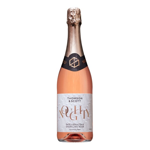 A close up of a Noughty Non-Alcoholic Sparkling Rose wine bottle with the label on it.