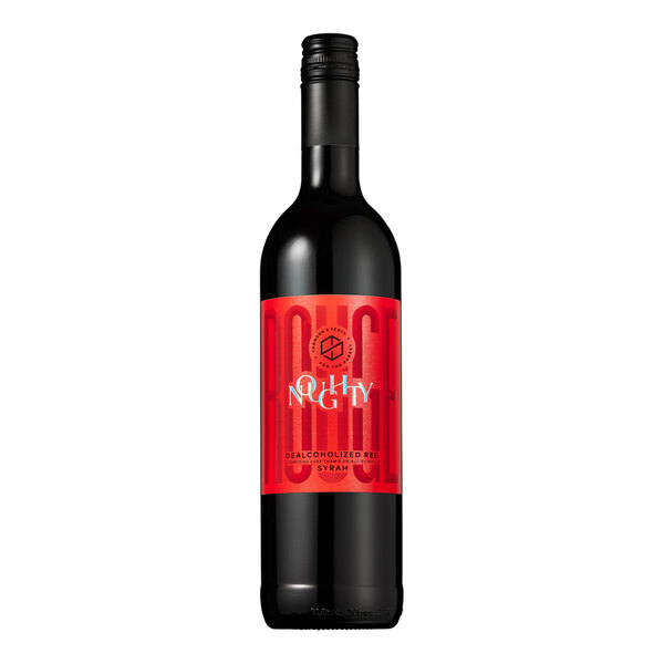 A close-up of a Noughty Non-Alcoholic Rouge Syrah wine bottle with a red label.