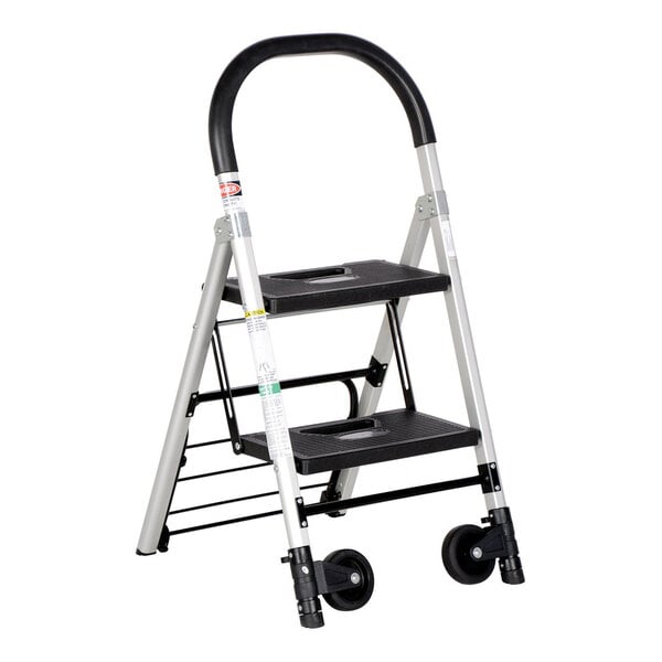 A two-step aluminum folding ladder cart with wheels and a curved handle.
