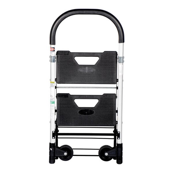 A folding aluminum 2-step ladder cart with wheels and a black handle.