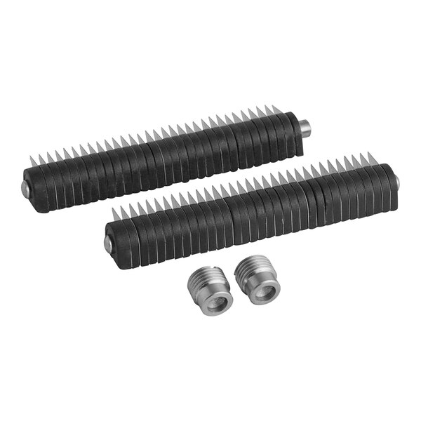 A set of two black and silver comb attachments with metal ends, designed for use with the Sammic FCE-2+ food processing equipment, shown alongside two small metal fittings.