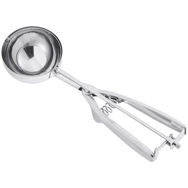 A silver stainless steel round ice cream scoop with a squeeze handle.