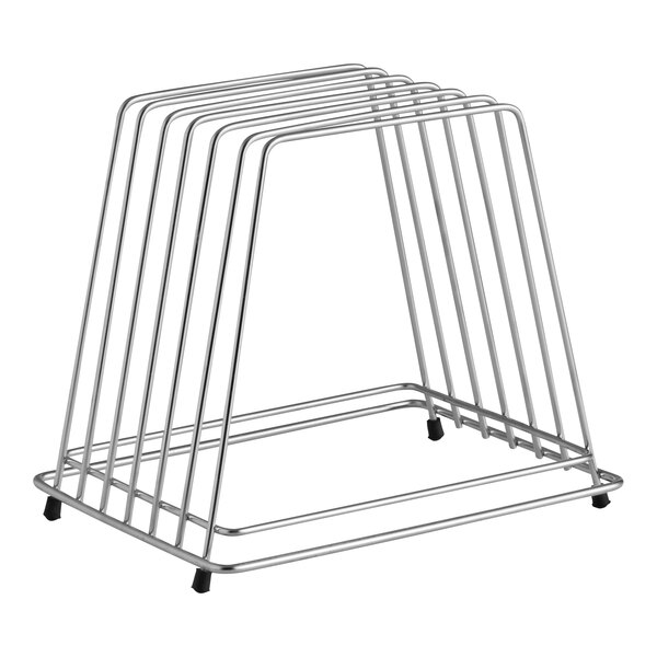 A silver wire rack with six slots designed for storing cutting boards.